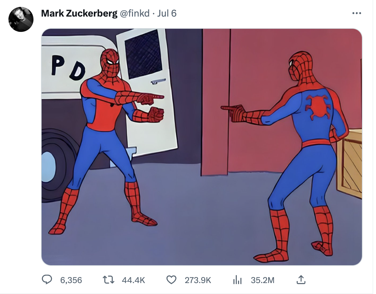 A screenshot of a tweet from Mark Zuckerberg showing two spiderman's pointing at each other.