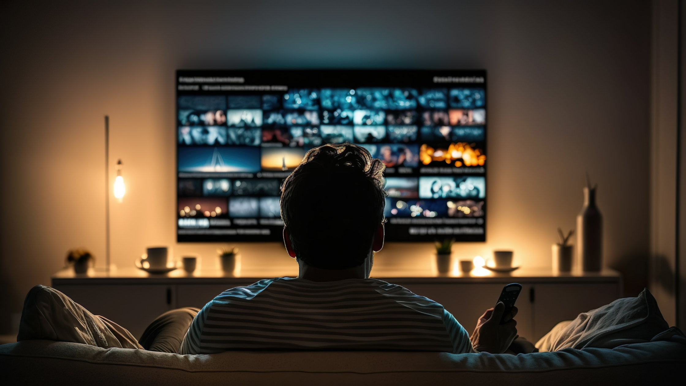 Man on sofa about to watch TV, looking over at personalised recommendations of TV shows to watch