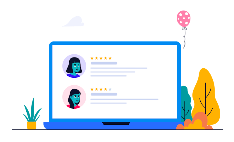 An illustration of a computer screen showcasing two reviews from users, one 4 star and one 5 star.
