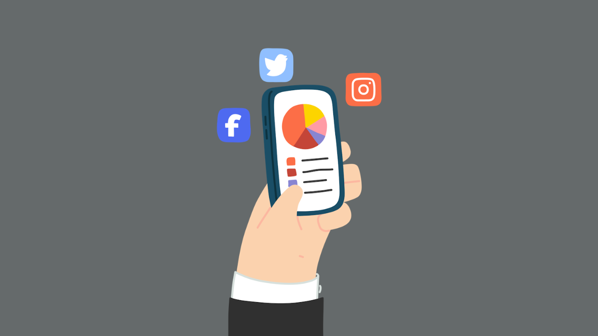 Illustration of a hand holding up a phone showing a pie chart with Facebook, Twitter and Instagram logos surrounding it.
